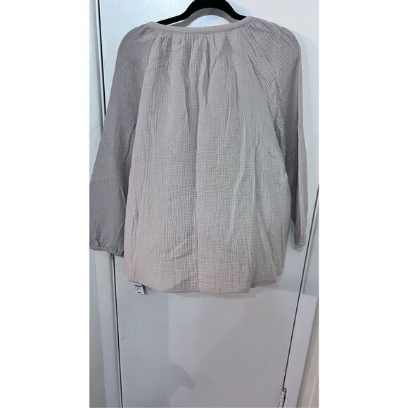 JM COLLECTION TAN GAUZE GOLD TRIM BOHO BLOUSE TOP WOMENS SZ PETITE L P1-284 - Picture 10 of 13